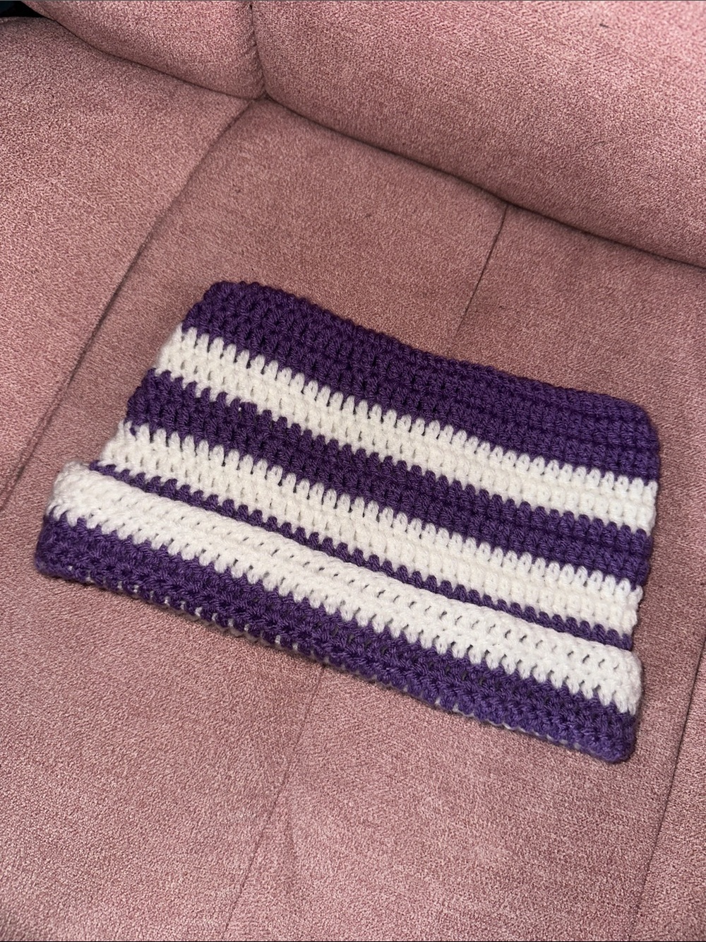 Handmade Crocheted Stripe Cat Hat — Purple & White